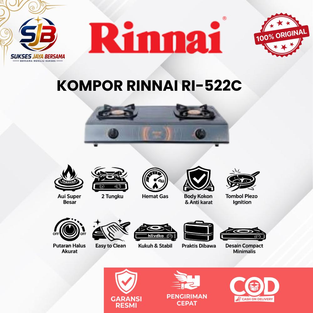 KOMPOR GAS RINNAI 2 TUNGKU TEFLON KUNINGAN RI-522C