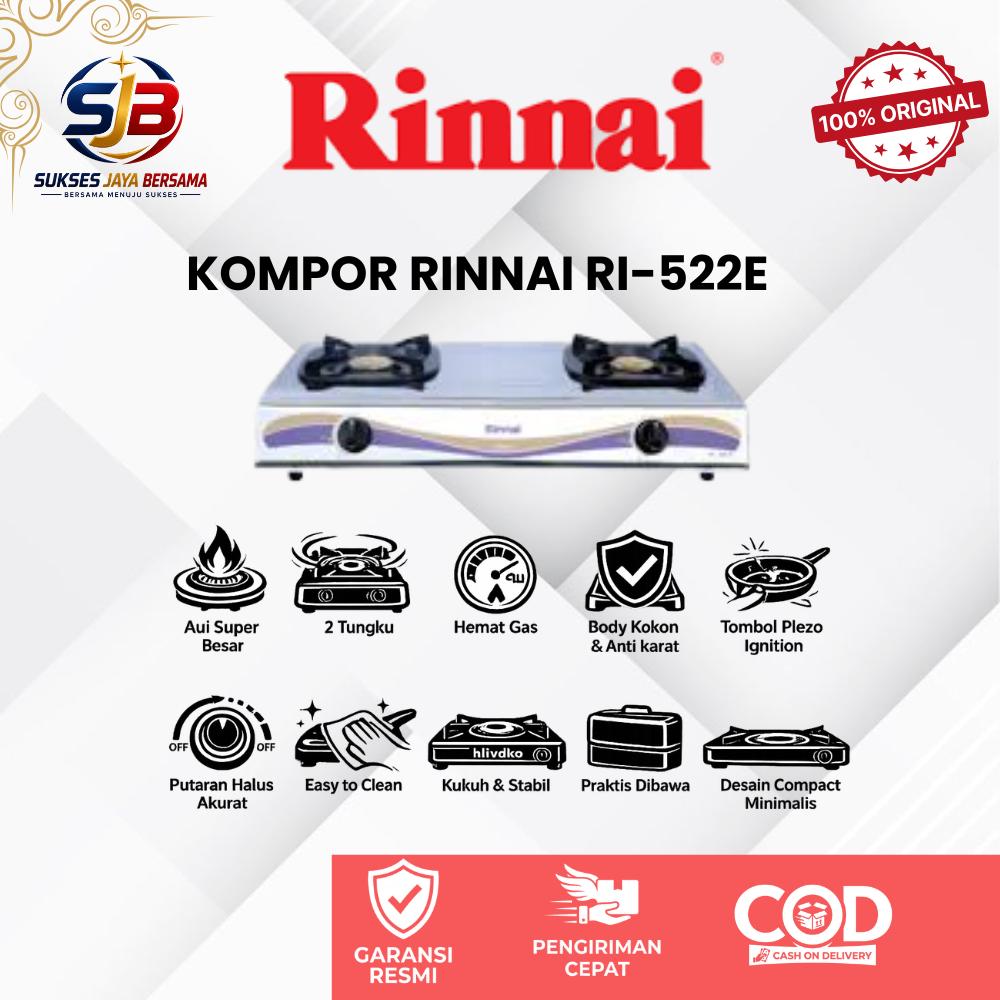 KOMPOR GAS RINNAI 2 TUNGKU STAINLESS KUNINGAN RI-522E