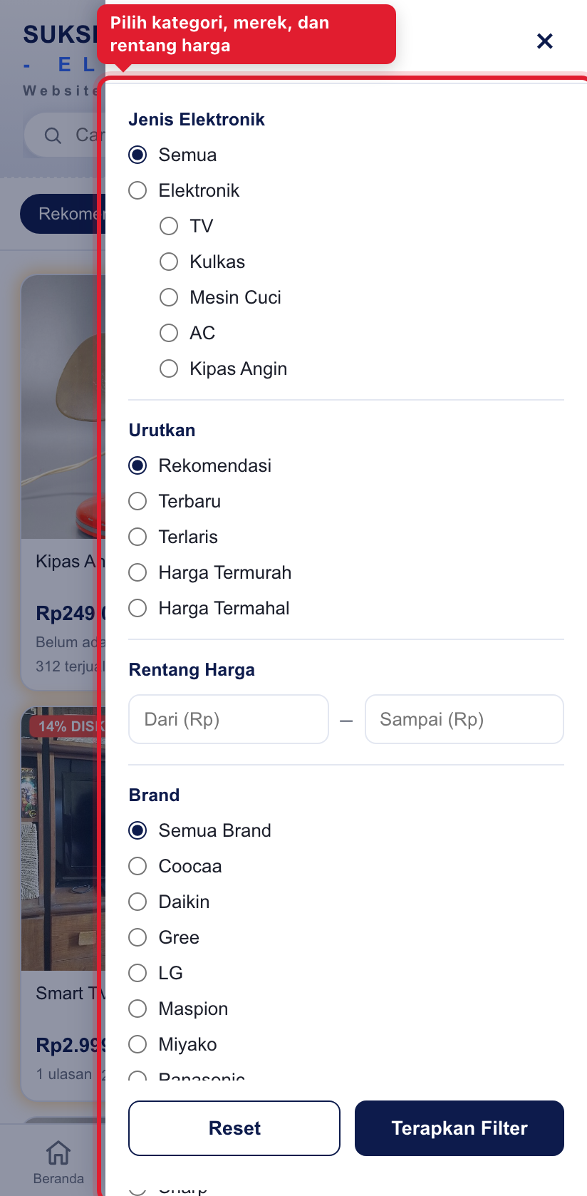 Pilih kategori, merek, dan rentang harga
